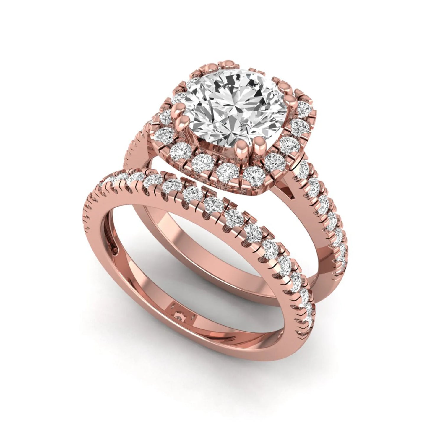 Round cut lab grown diamond halo bridal ring set featuring a split pavé engagement ring with matching diamond wedding band in rose gold finish.