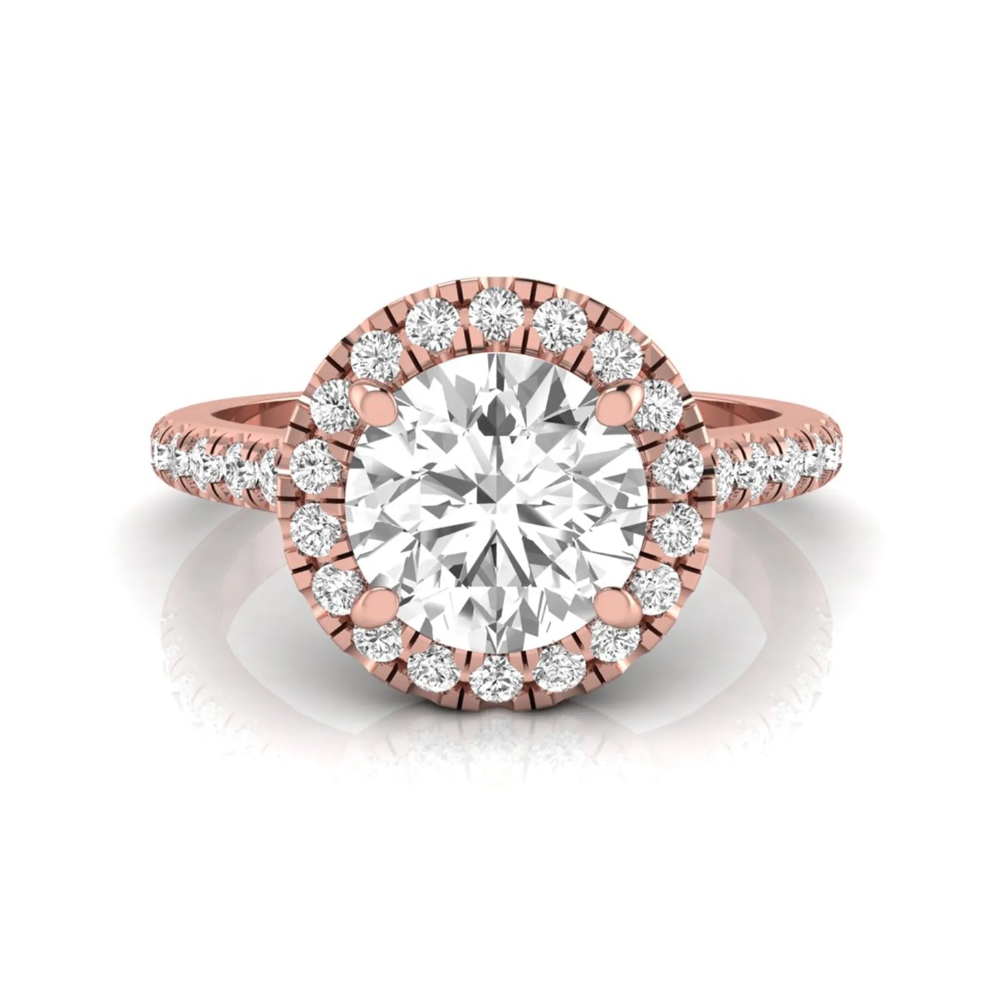 Round cut lab grown diamond engagement ring featuring a 1.33 carat center diamond surrounded by a round halo with a pavé diamond band and polished rose gold finish.