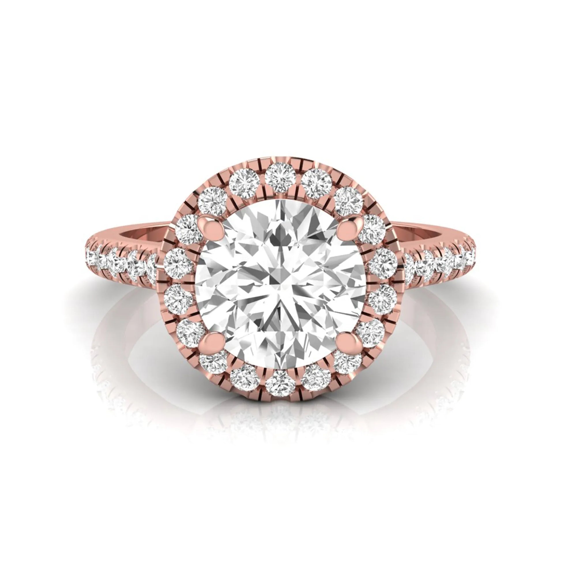 Round cut lab grown diamond engagement ring featuring a 1.33 carat center diamond surrounded by a round halo with a pavé diamond band and polished rose gold finish.