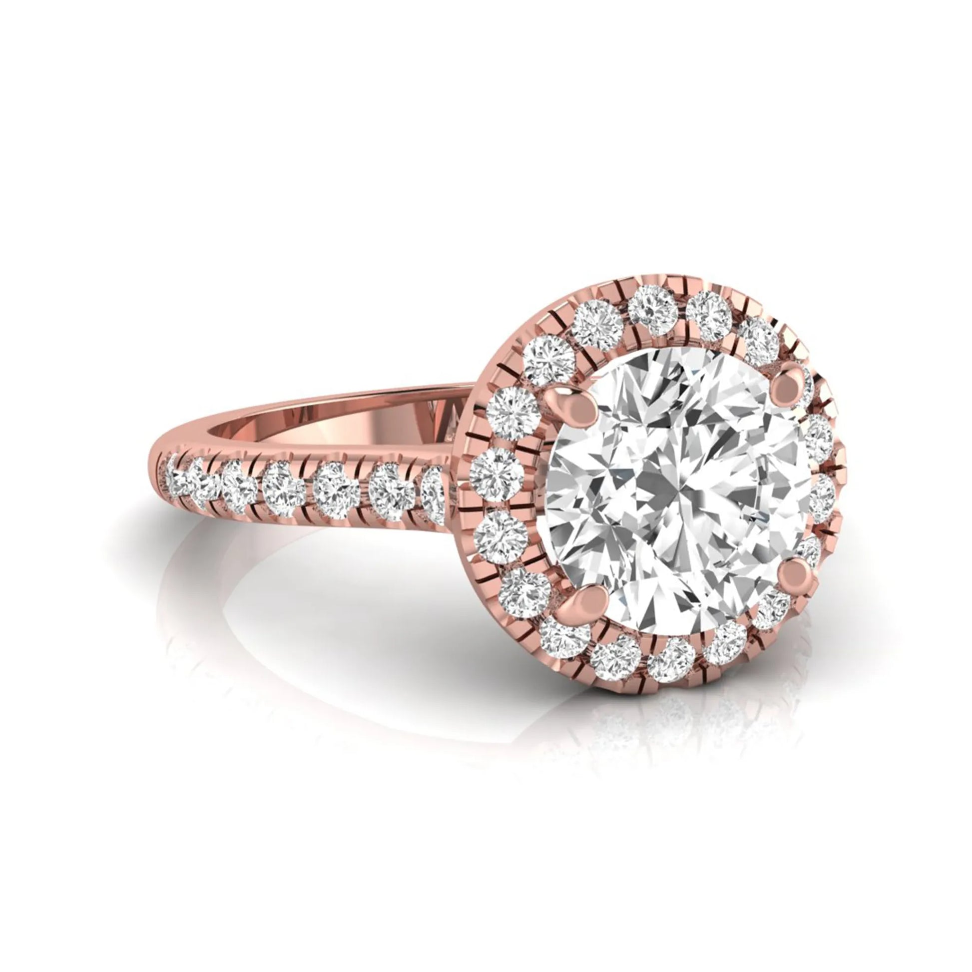 Round cut lab grown diamond engagement ring featuring a 1.33 carat center diamond surrounded by a round halo with a pavé diamond band and polished rose gold finish.