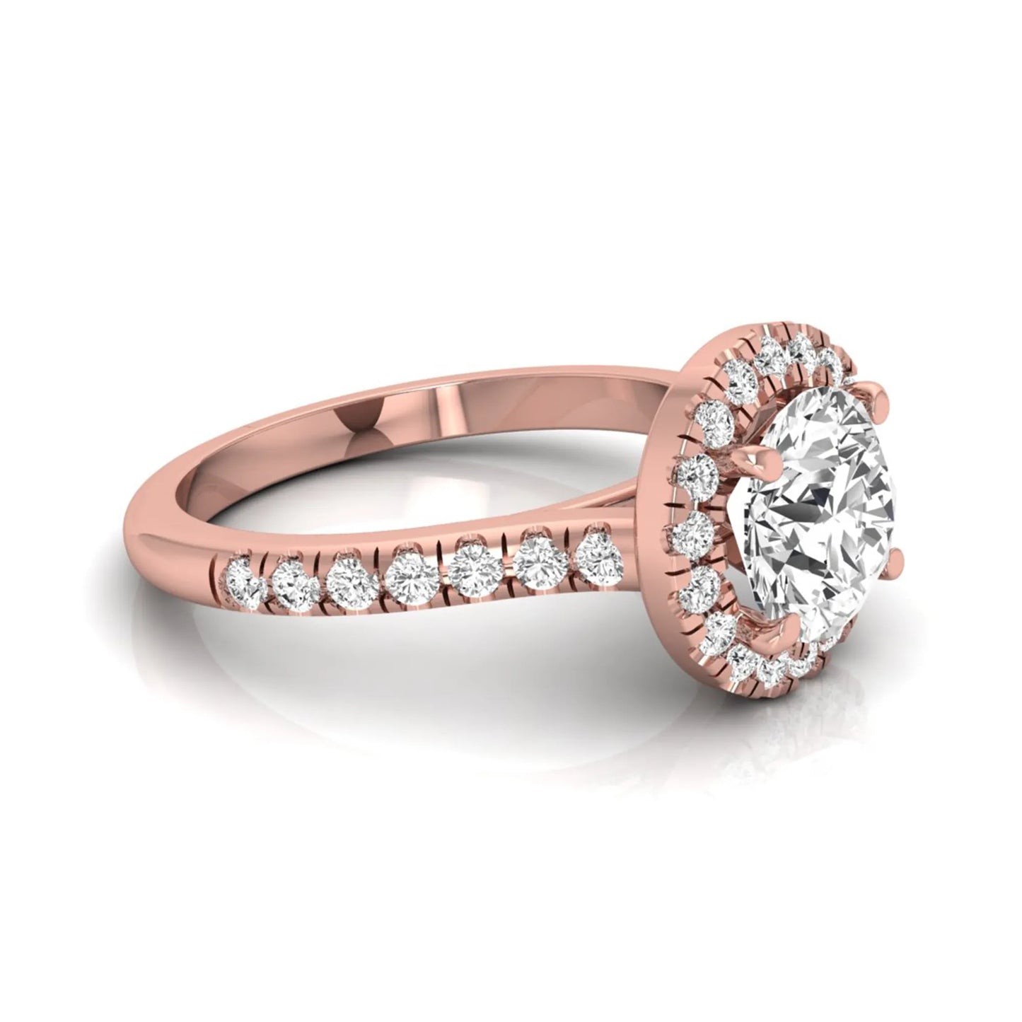 Round cut lab grown diamond engagement ring featuring a 1.33 carat center diamond surrounded by a round halo with a pavé diamond band and polished rose gold finish.