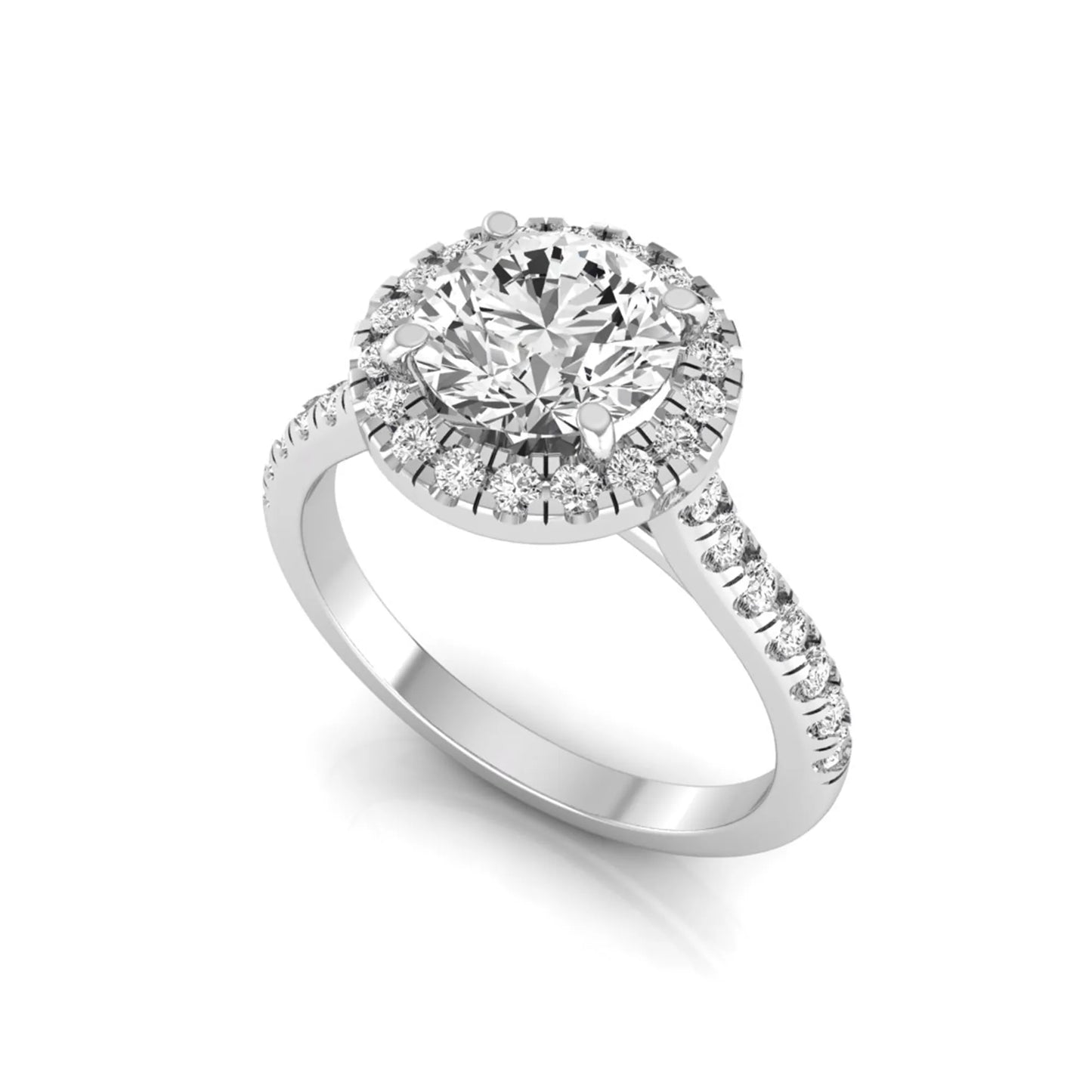 Round cut lab grown diamond engagement ring featuring a 1.33 carat center diamond surrounded by a round halo with a pavé diamond band and polished white gold finish.