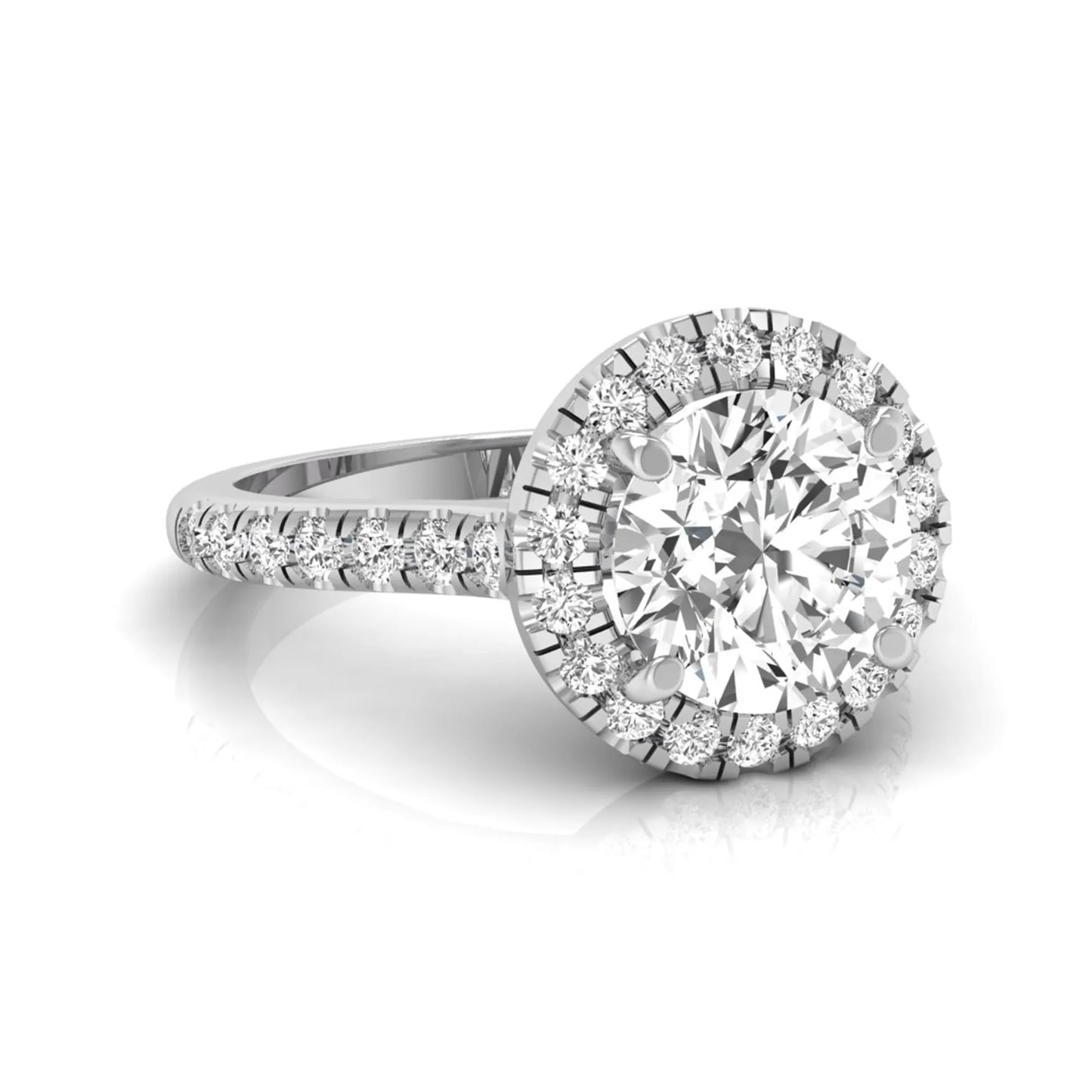 Round cut lab grown diamond engagement ring featuring a 1.33 carat center diamond surrounded by a round halo with a pavé diamond band and polished white gold finish.