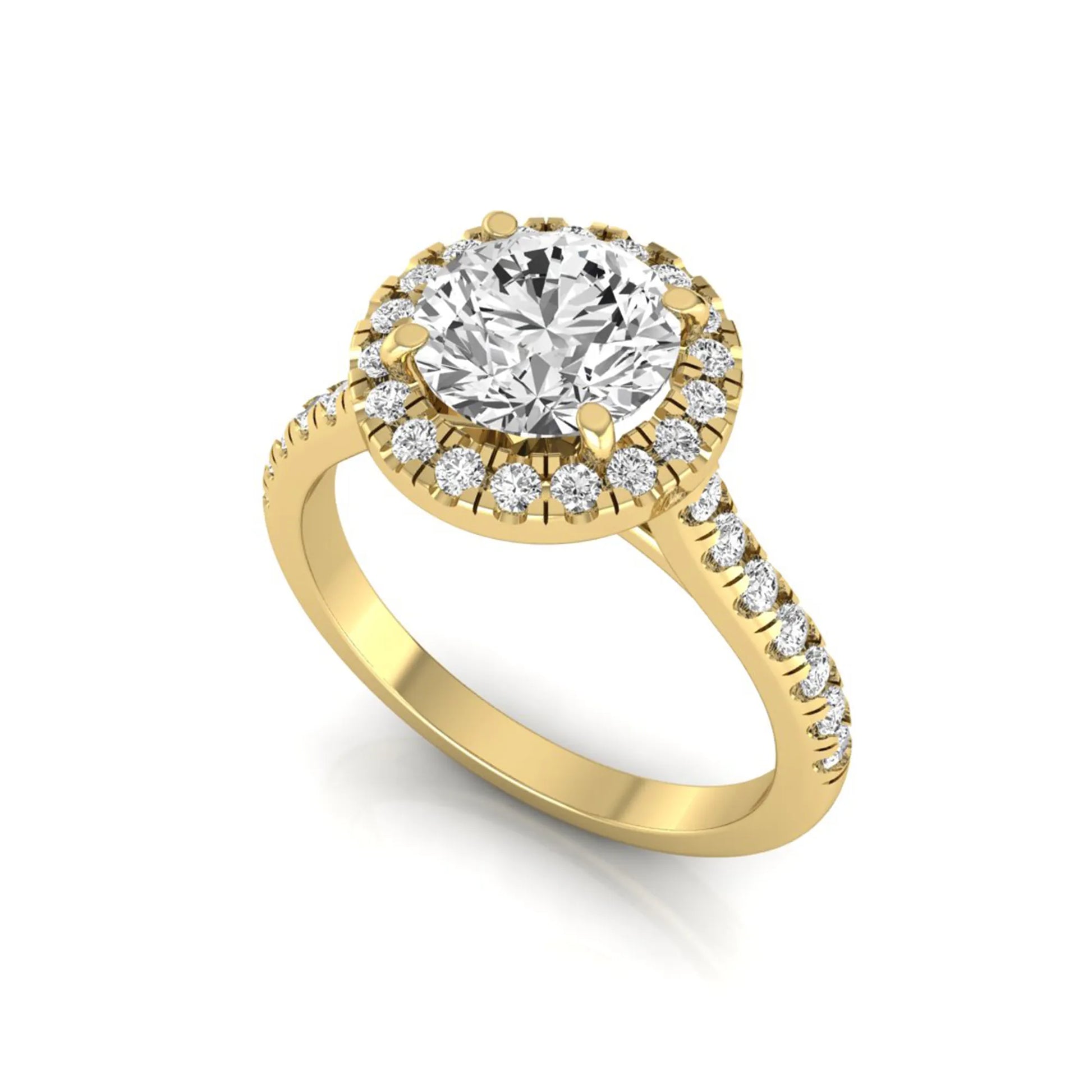 Round cut lab grown diamond engagement ring featuring a 1.33 carat center diamond surrounded by a round halo with a pavé diamond band and polished yellow gold finish.