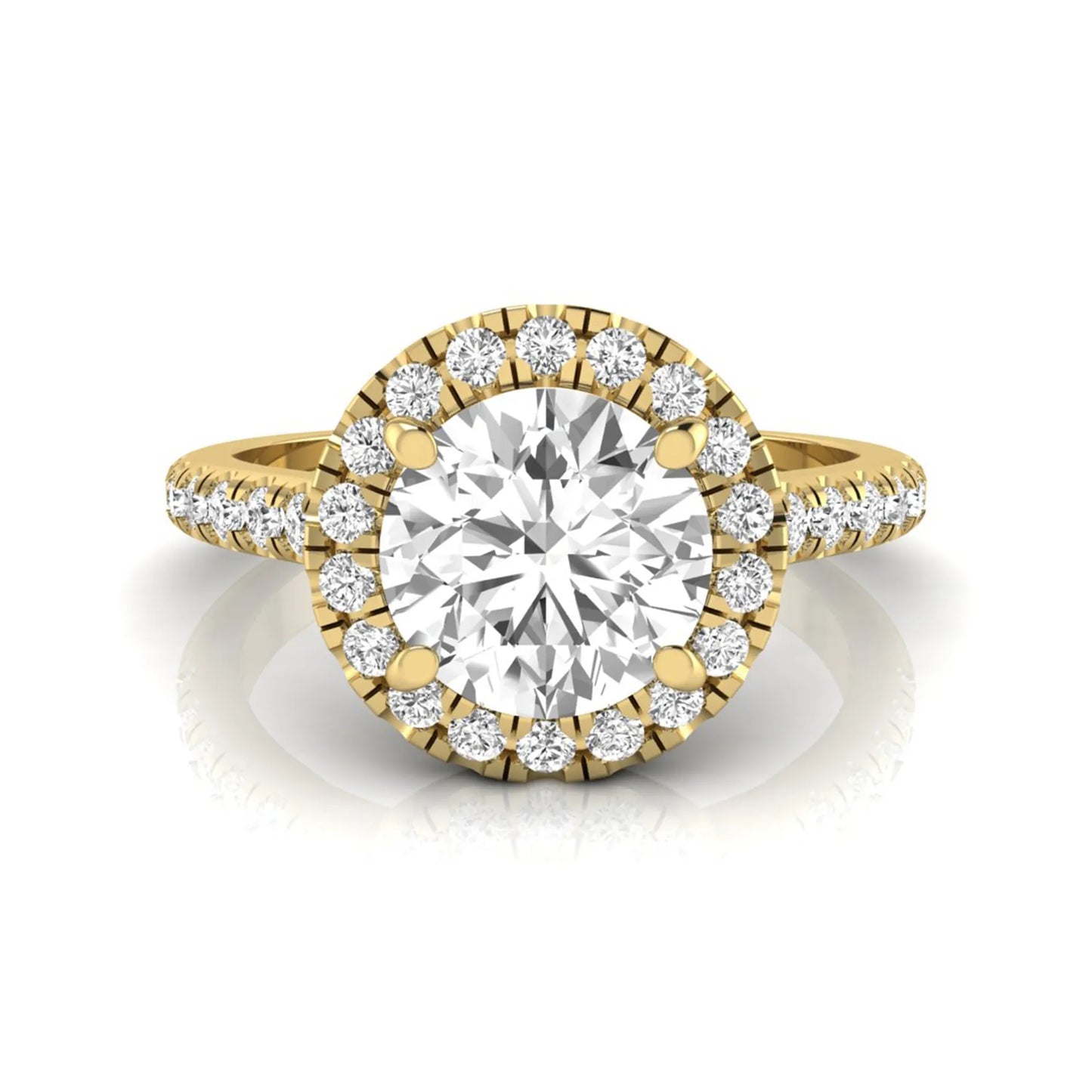 Round cut lab grown diamond engagement ring featuring a 1.33 carat center diamond surrounded by a round halo with a pavé diamond band and polished yellow gold finish.
