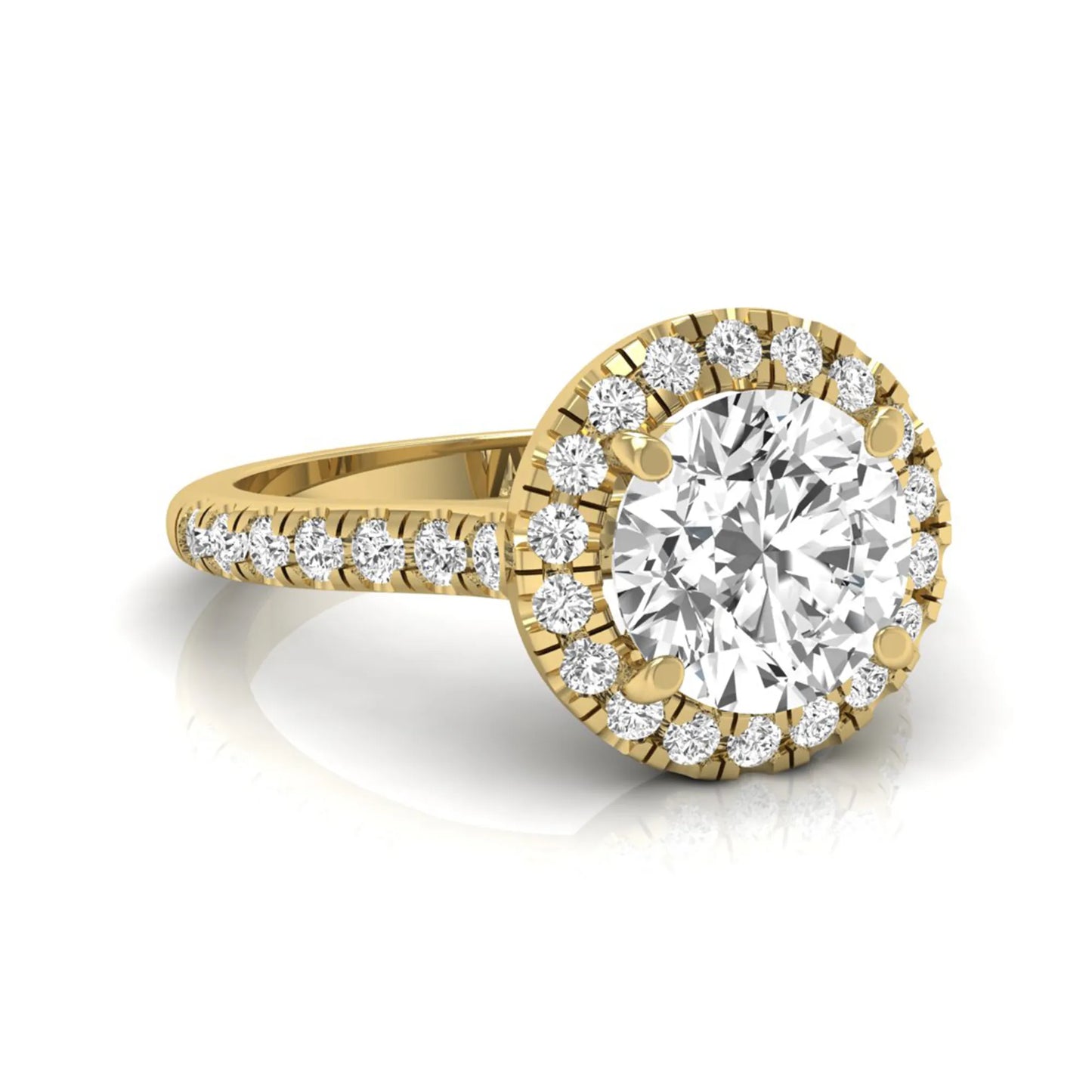 Round cut lab grown diamond engagement ring featuring a 1.33 carat center diamond surrounded by a round halo with a pavé diamond band and polished yellow gold finish.