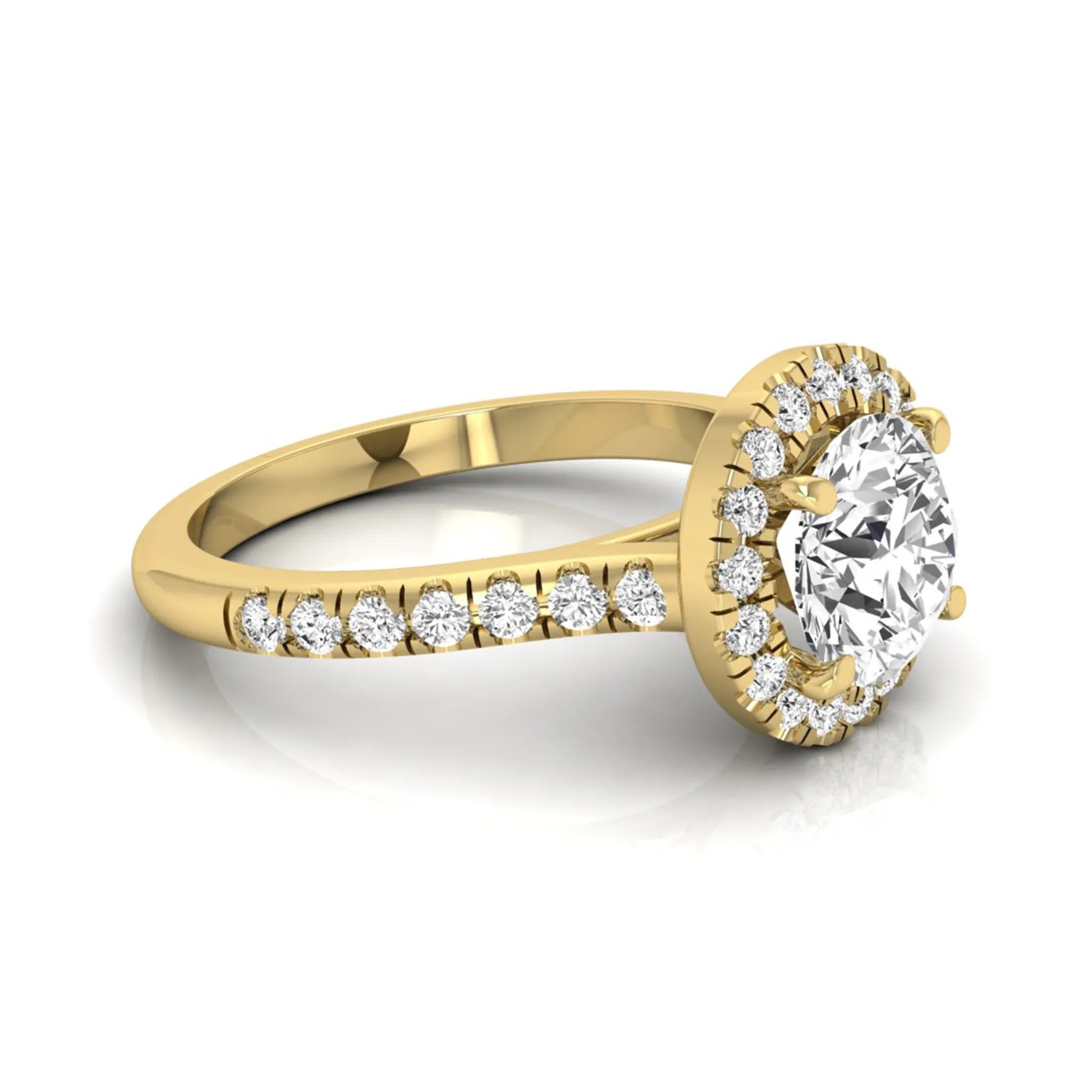 Round cut lab grown diamond engagement ring featuring a 1.33 carat center diamond surrounded by a round halo with a pavé diamond band and polished yellow gold finish.