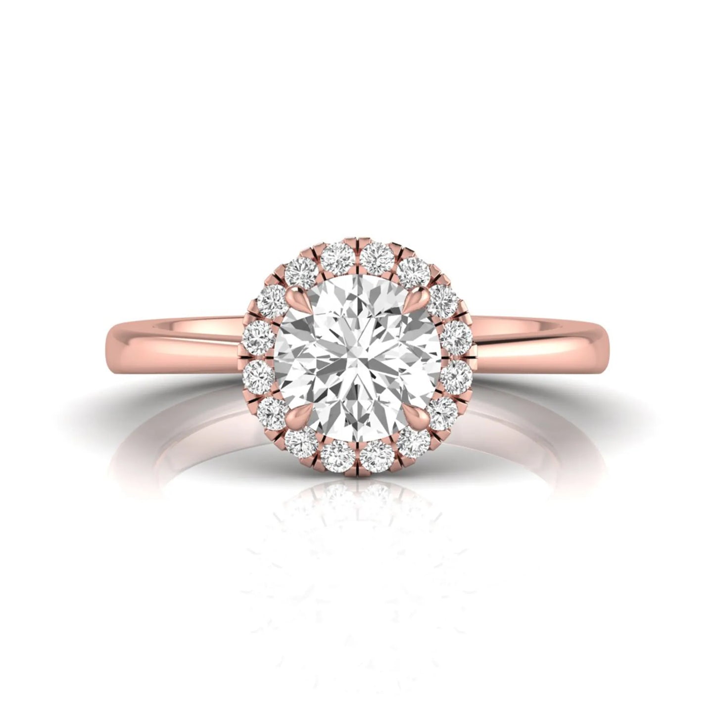 rose gold Round cut lab grown diamond halo engagement ring with round accent diamonds in a classic prong setting