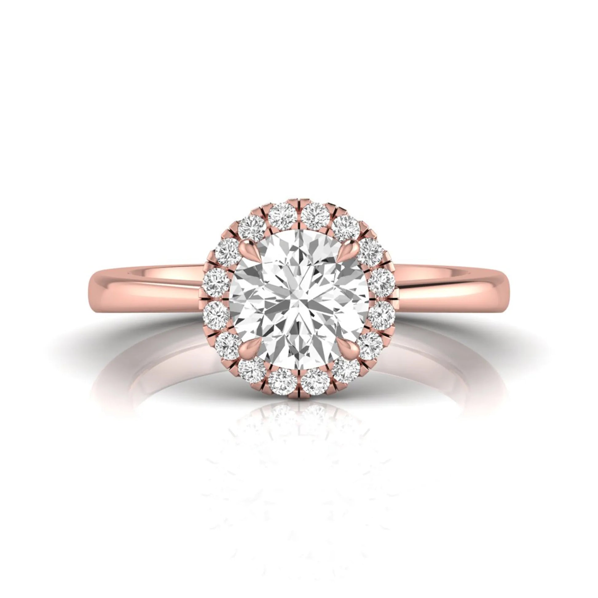 rose gold Round cut lab grown diamond halo engagement ring with round accent diamonds in a classic prong setting