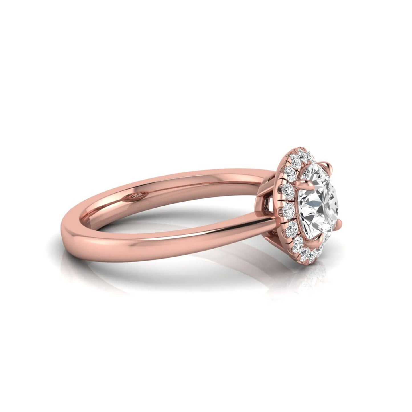rose gold Round cut lab grown diamond halo engagement ring with round accent diamonds in a classic prong setting