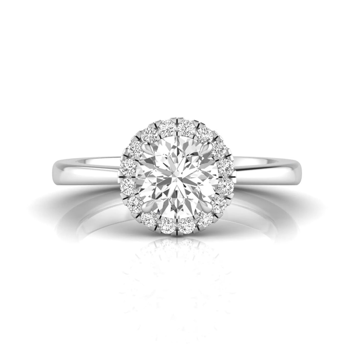 white gold Round cut lab grown diamond halo engagement ring with round accent diamonds in a classic prong setting