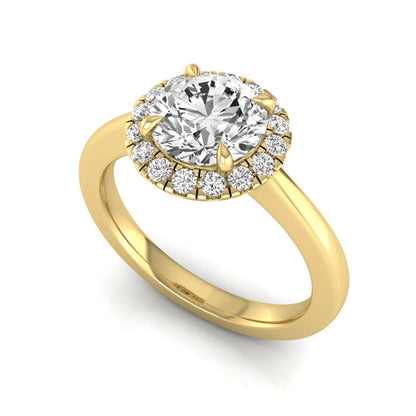 yellow gold Round cut lab grown diamond halo engagement ring with round accent diamonds in a classic prong setting