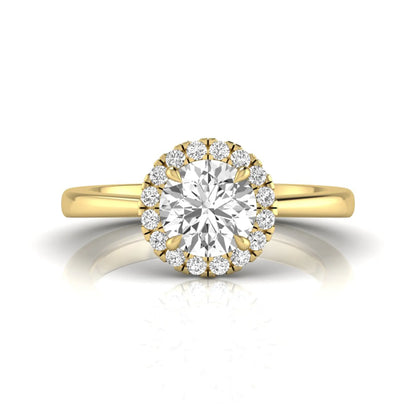 yellow gold Round cut lab grown diamond halo engagement ring with round accent diamonds in a classic prong setting