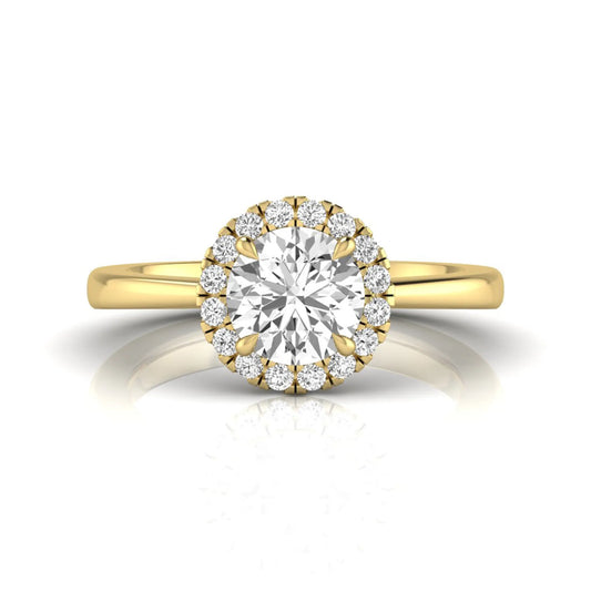 yellow gold Round cut lab grown diamond halo engagement ring with round accent diamonds in a classic prong setting