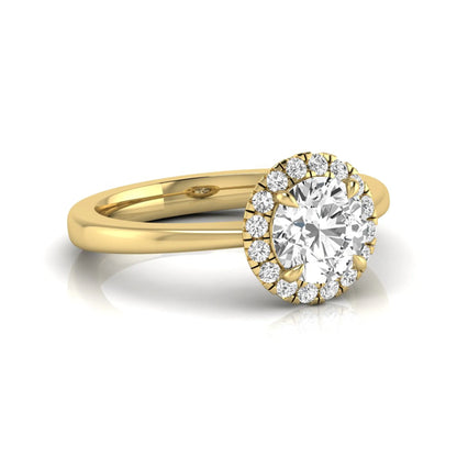 yellow gold Round cut lab grown diamond halo engagement ring with round accent diamonds in a classic prong setting
