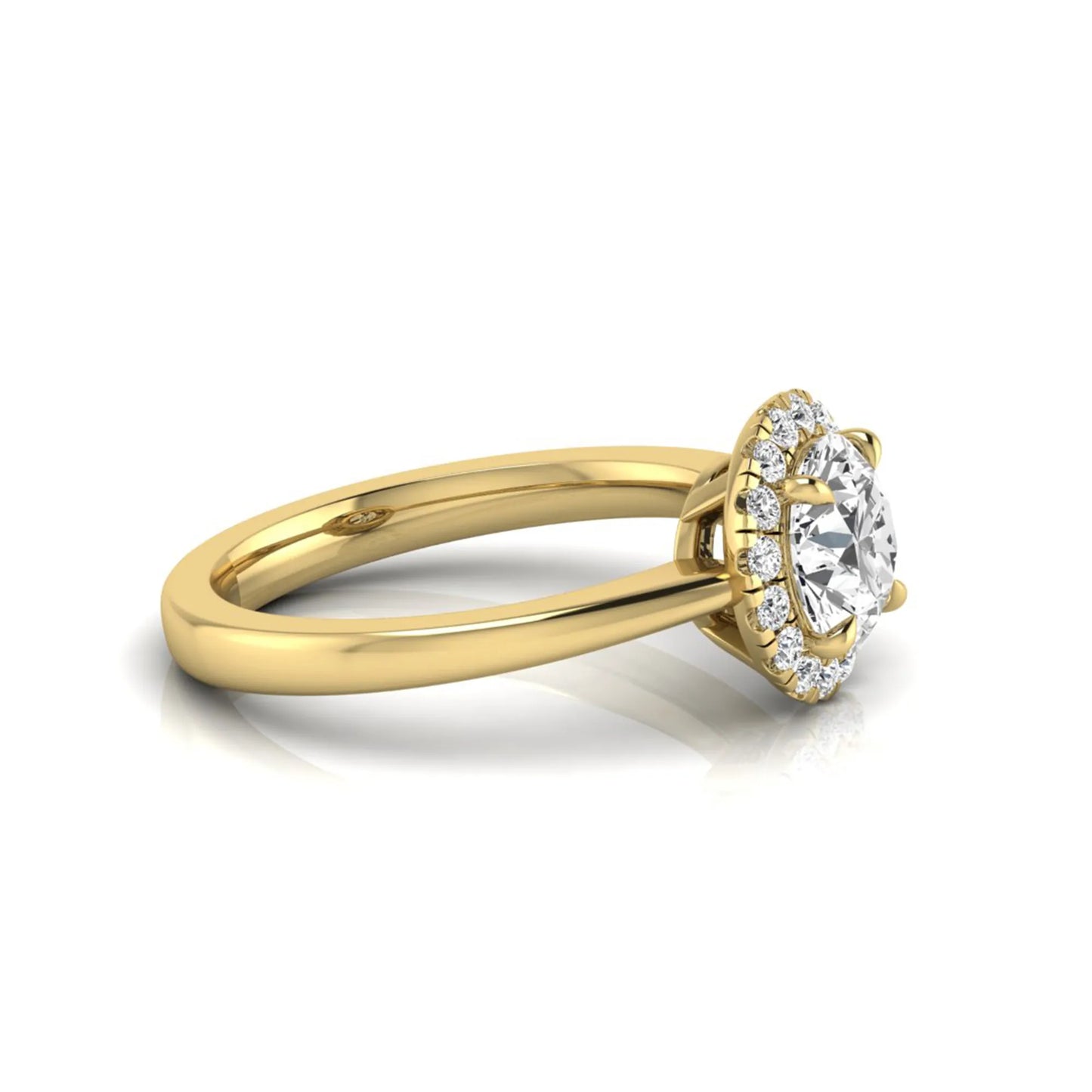 yellow gold Round cut lab grown diamond halo engagement ring with round accent diamonds in a classic prong setting