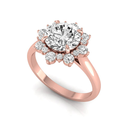 Round cut halo lab grown diamond floral engagement ring with Rose Gold metal tone
