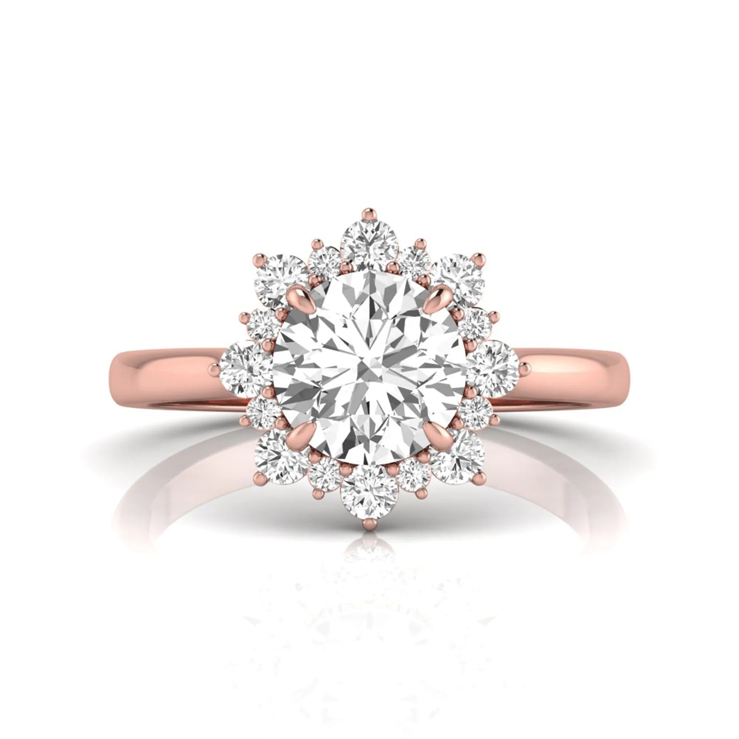 Round cut halo lab grown diamond floral engagement ring with Rose Gold metal tone