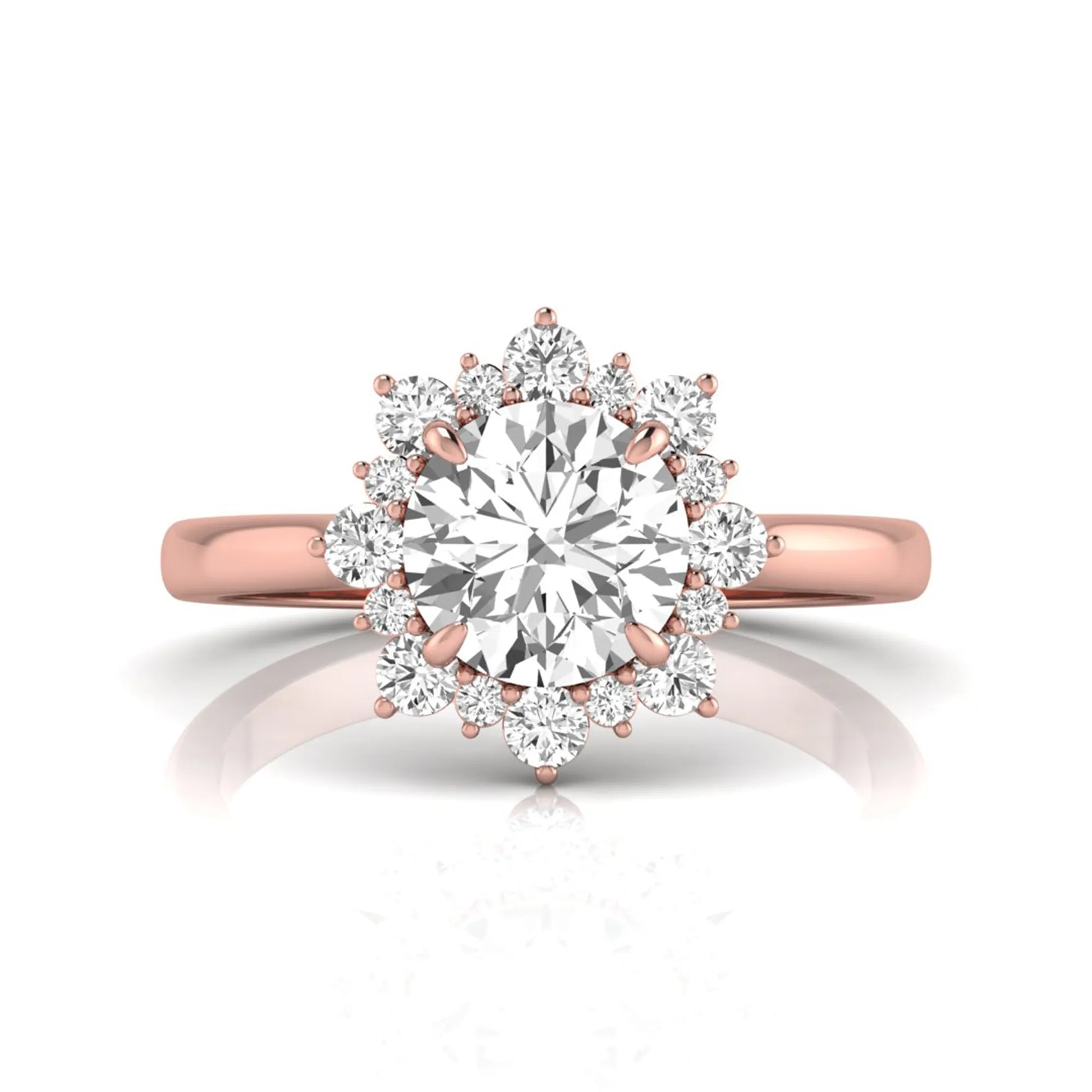 Round cut halo lab grown diamond floral engagement ring with Rose Gold metal tone