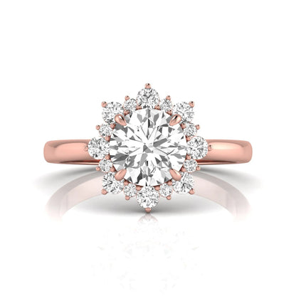 Round cut halo lab grown diamond floral engagement ring with Rose Gold metal tone