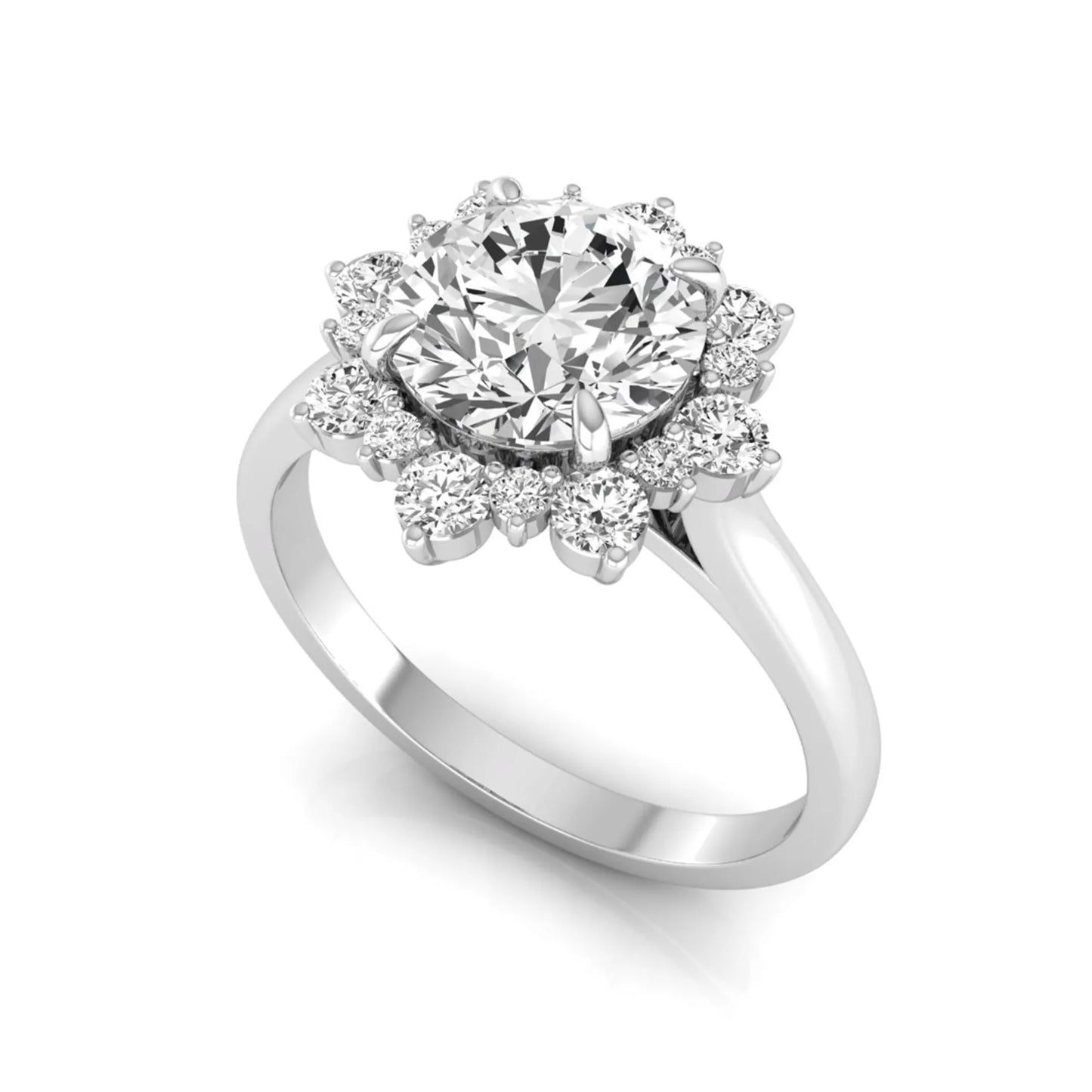 Round cut halo lab grown diamond floral engagement ring with white Gold metal tone