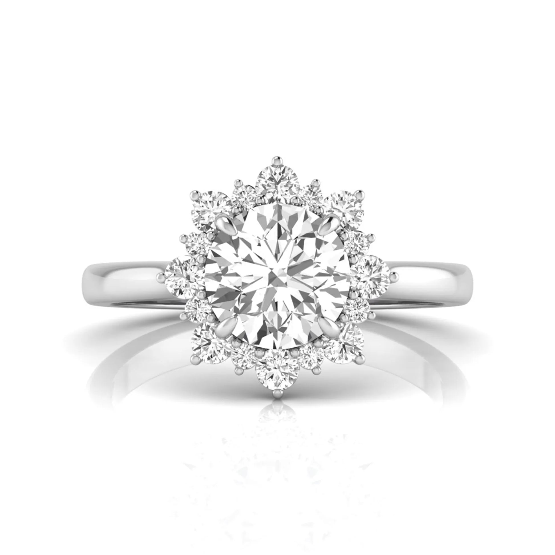 Round cut halo lab grown diamond floral engagement ring with white Gold metal tone