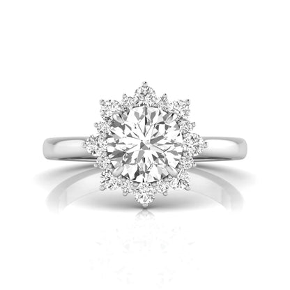 Round cut halo lab grown diamond floral engagement ring with white Gold metal tone