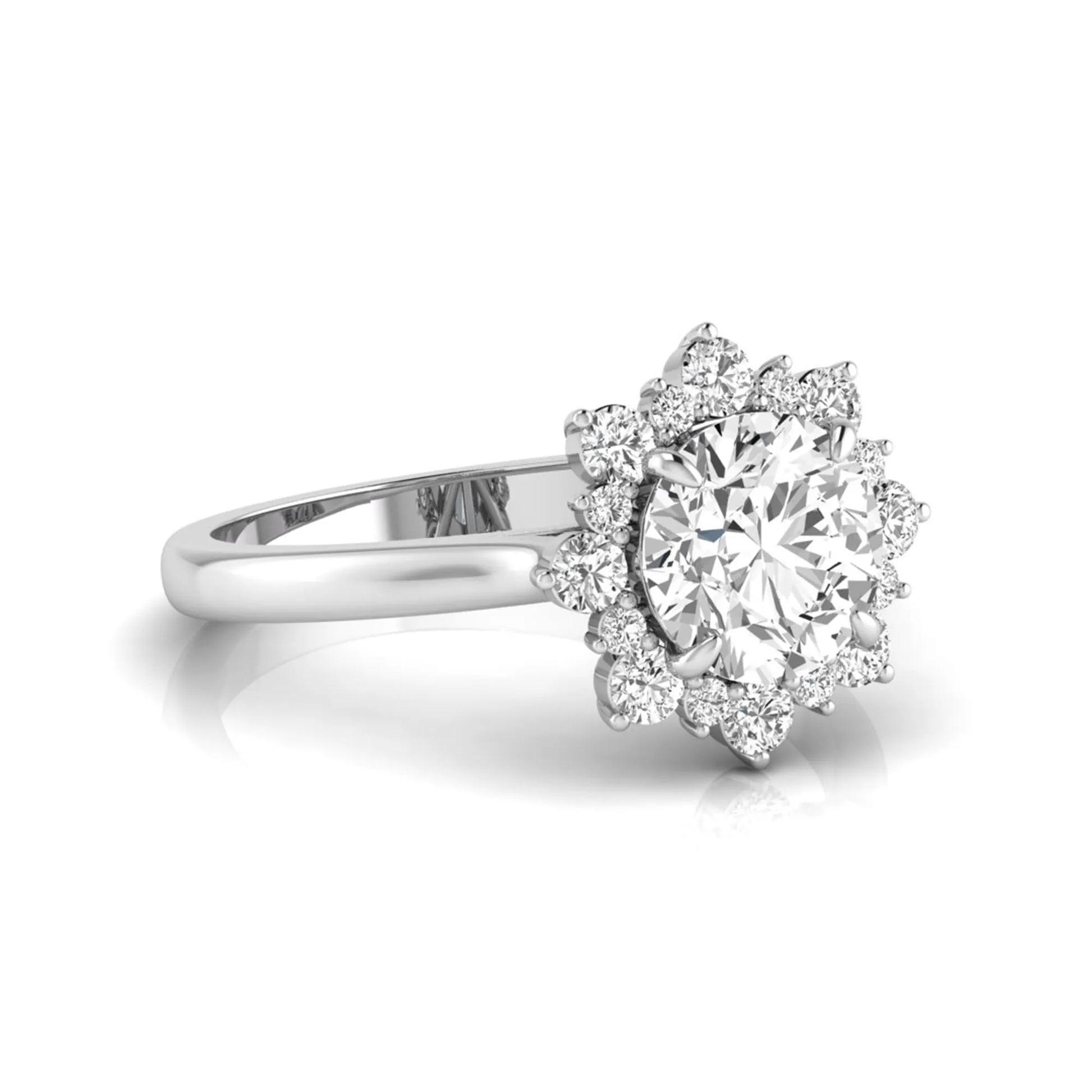 Round cut halo lab grown diamond floral engagement ring with white Gold metal tone