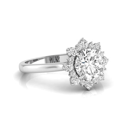 Round cut halo lab grown diamond floral engagement ring with white Gold metal tone