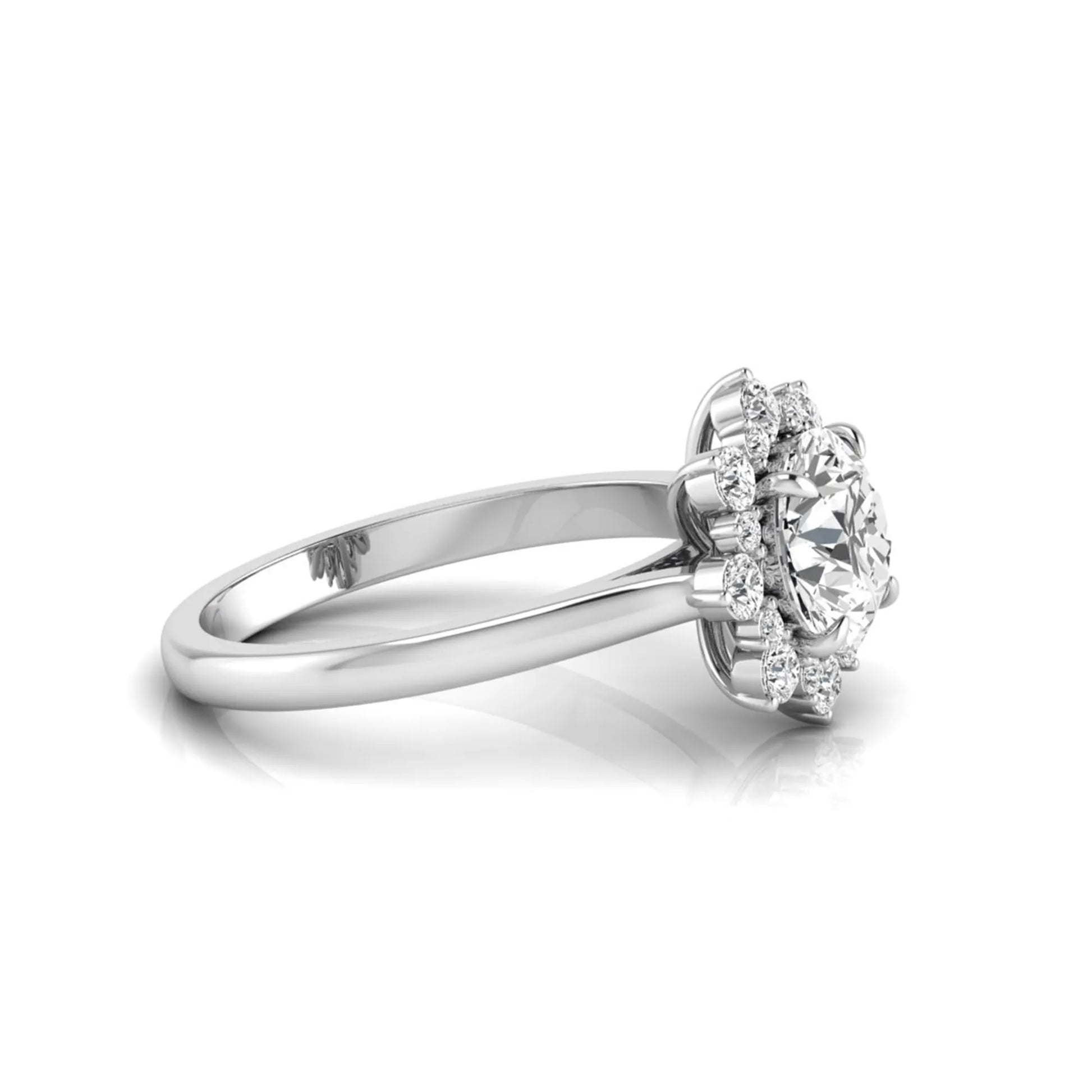 Round cut halo lab grown diamond floral engagement ring with white Gold metal tone