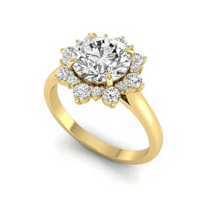 Round cut halo lab grown diamond floral engagement ring with yellow Gold metal tone