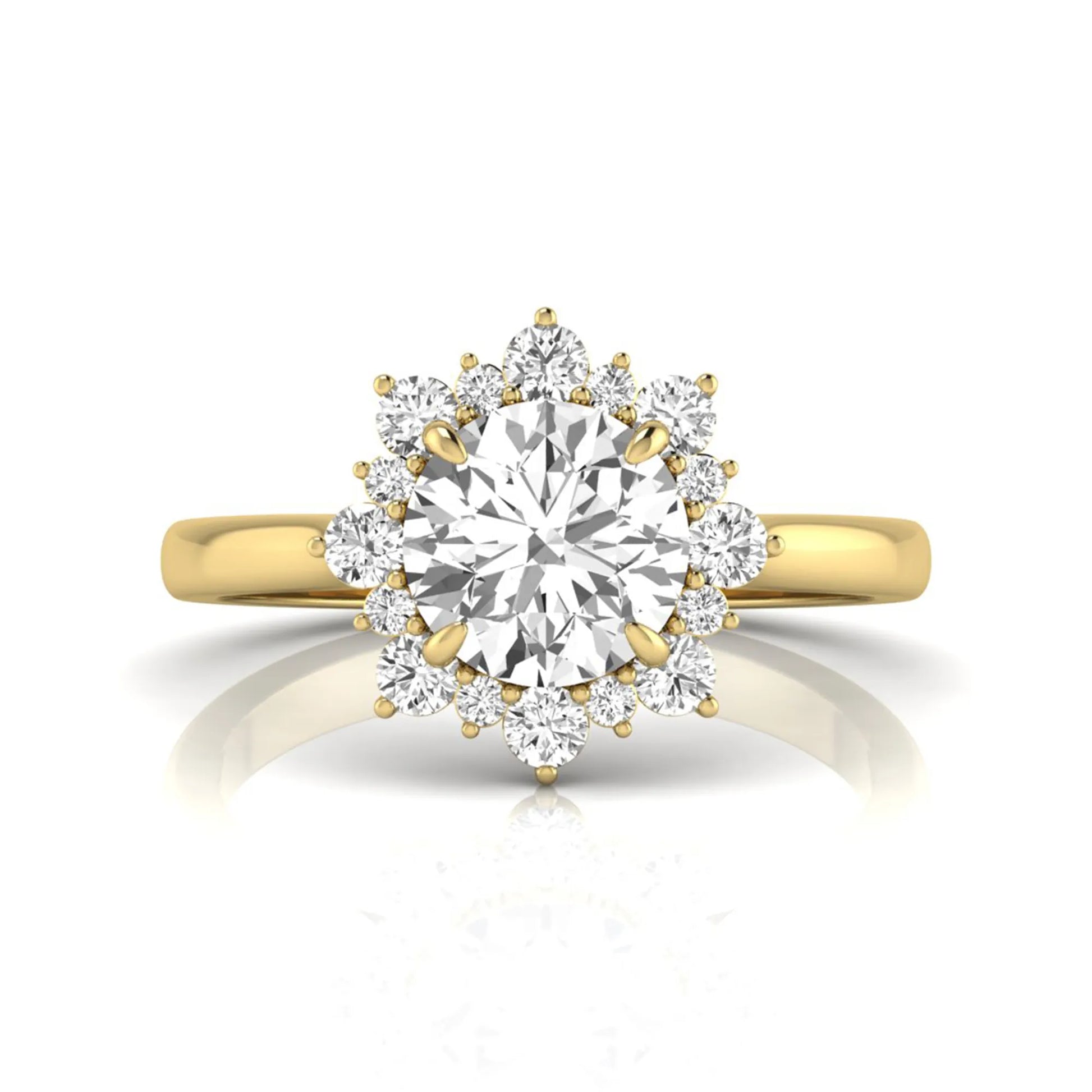 Round cut halo lab grown diamond floral engagement ring with yellow Gold metal tone