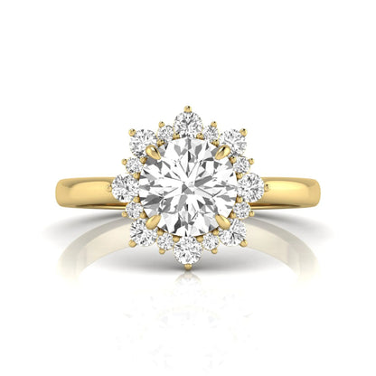 Round cut halo lab grown diamond floral engagement ring with yellow Gold metal tone