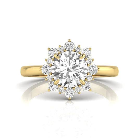 Round cut halo lab grown diamond floral engagement ring with yellow Gold metal tone