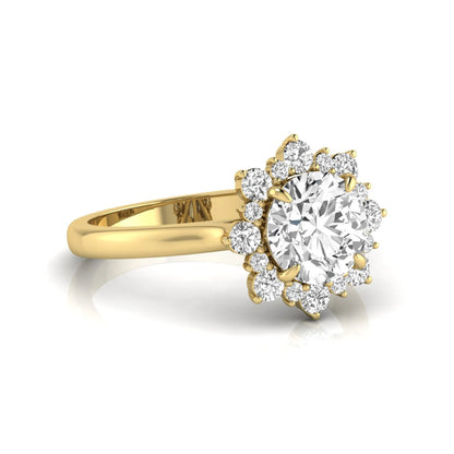 Round cut halo lab grown diamond floral engagement ring with yellow Gold metal tone