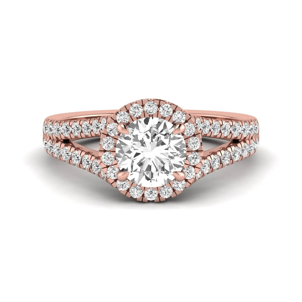 Round cut lab grown diamond halo engagement ring with pavé split shank and round accent diamonds in a rose gold tone design.