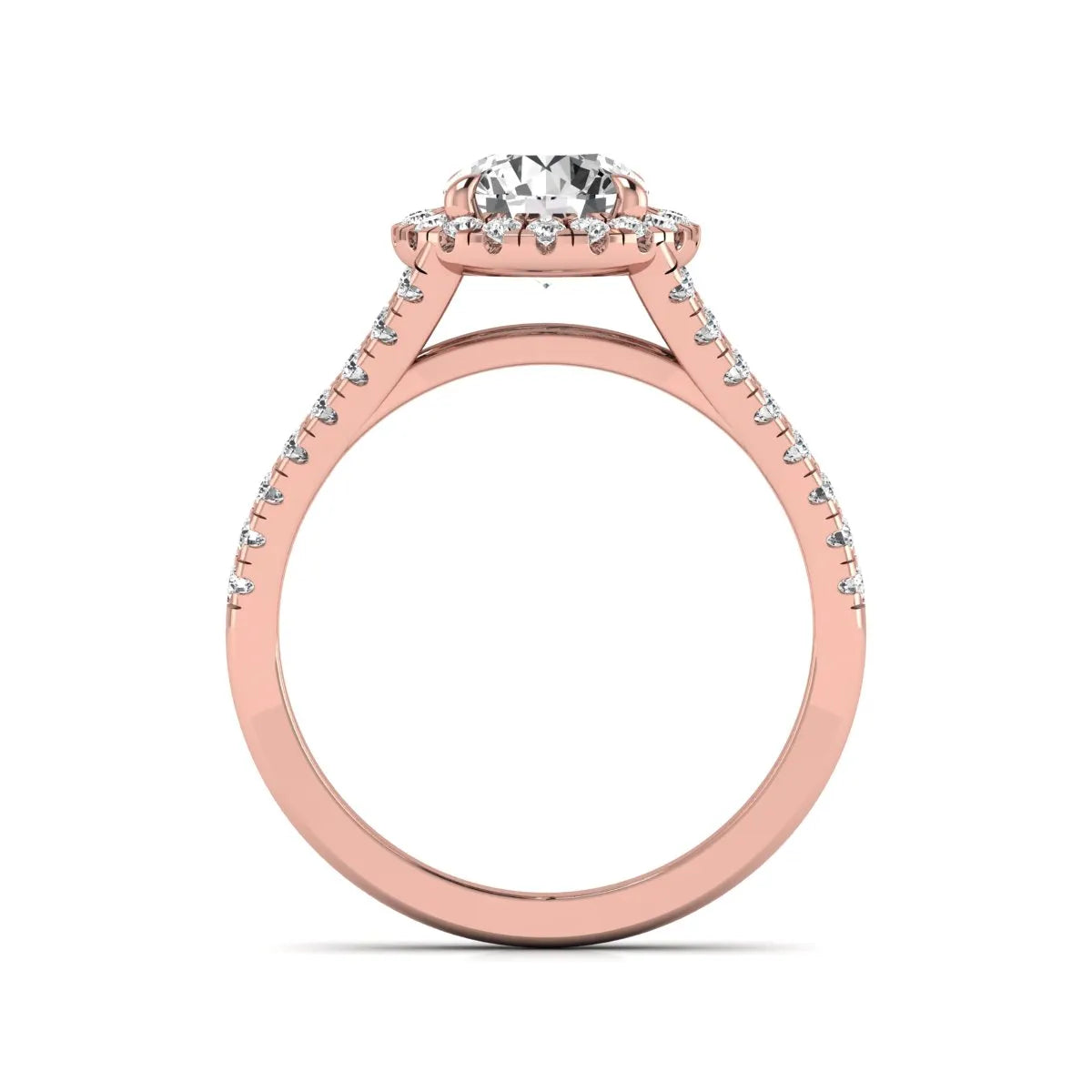 Round cut lab grown diamond halo engagement ring with pavé split shank and round accent diamonds in a rose gold tone design.