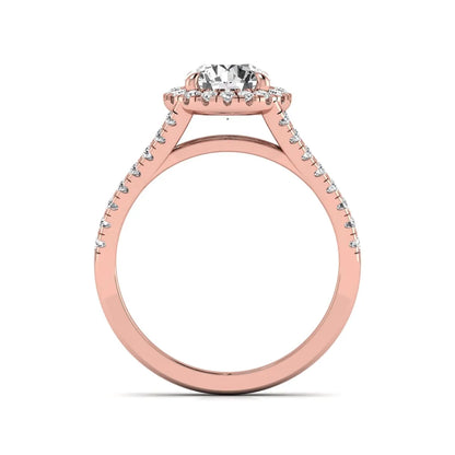 Round cut lab grown diamond halo engagement ring with pavé split shank and round accent diamonds in a rose gold tone design.