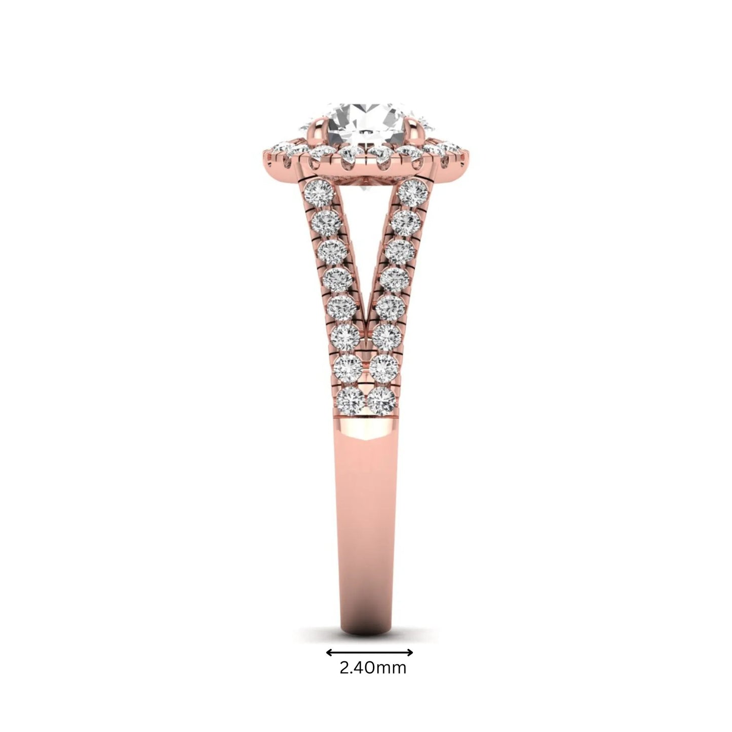 Round cut lab grown diamond halo engagement ring with pavé split shank and round accent diamonds in a rose gold tone design.