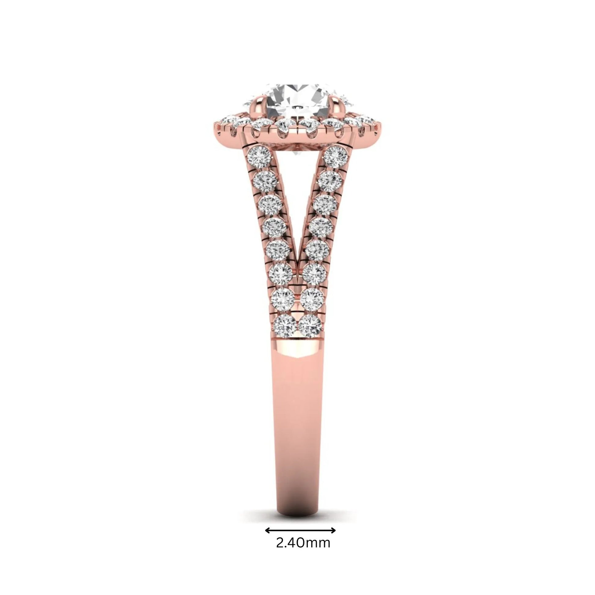 Round cut lab grown diamond halo engagement ring with pavé split shank and round accent diamonds in a rose gold tone design.