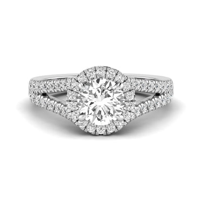 Round cut lab grown diamond halo engagement ring with pavé split shank and round accent diamonds in a white gold tone design.