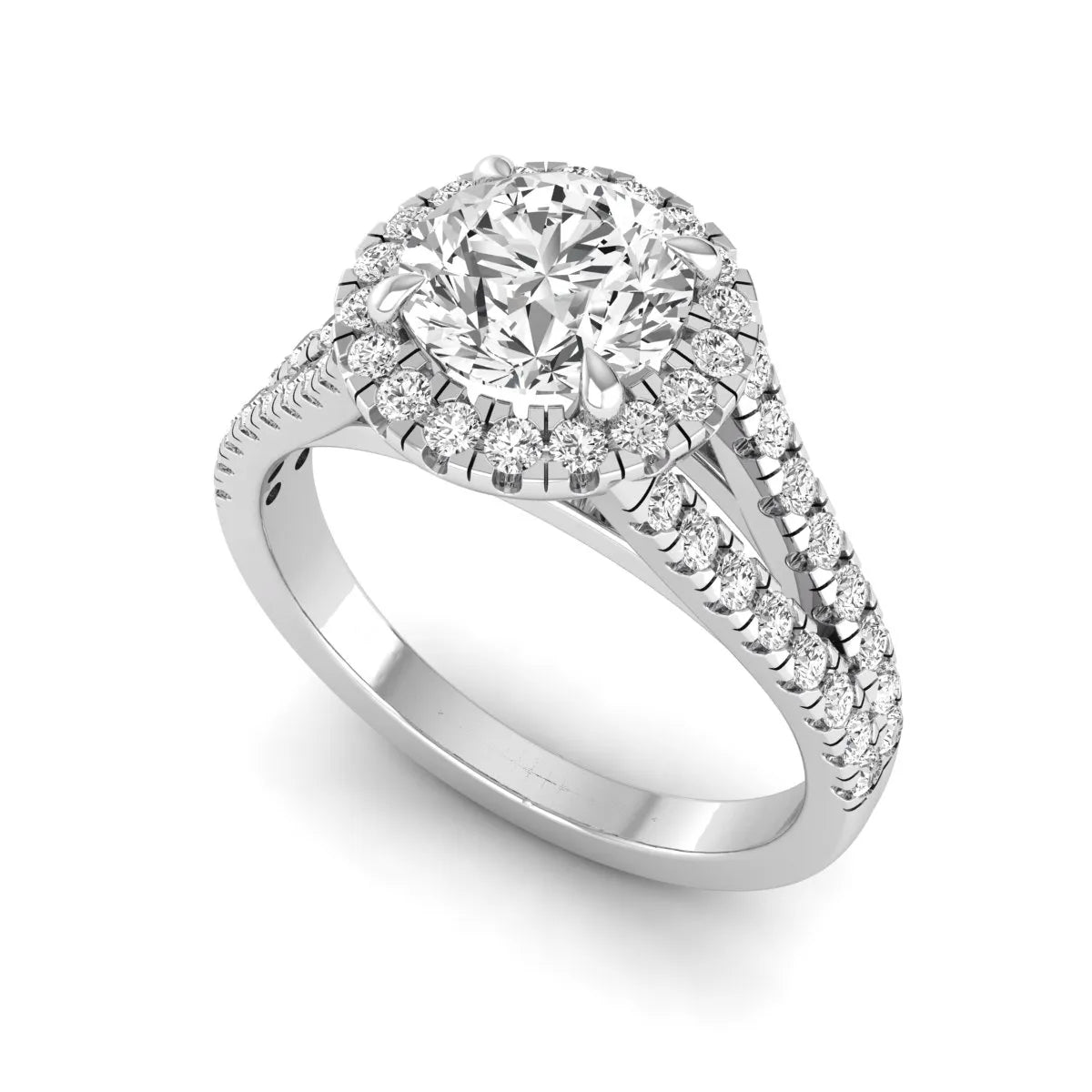 Round cut lab grown diamond halo engagement ring with pavé split shank and round accent diamonds in a white gold tone design.