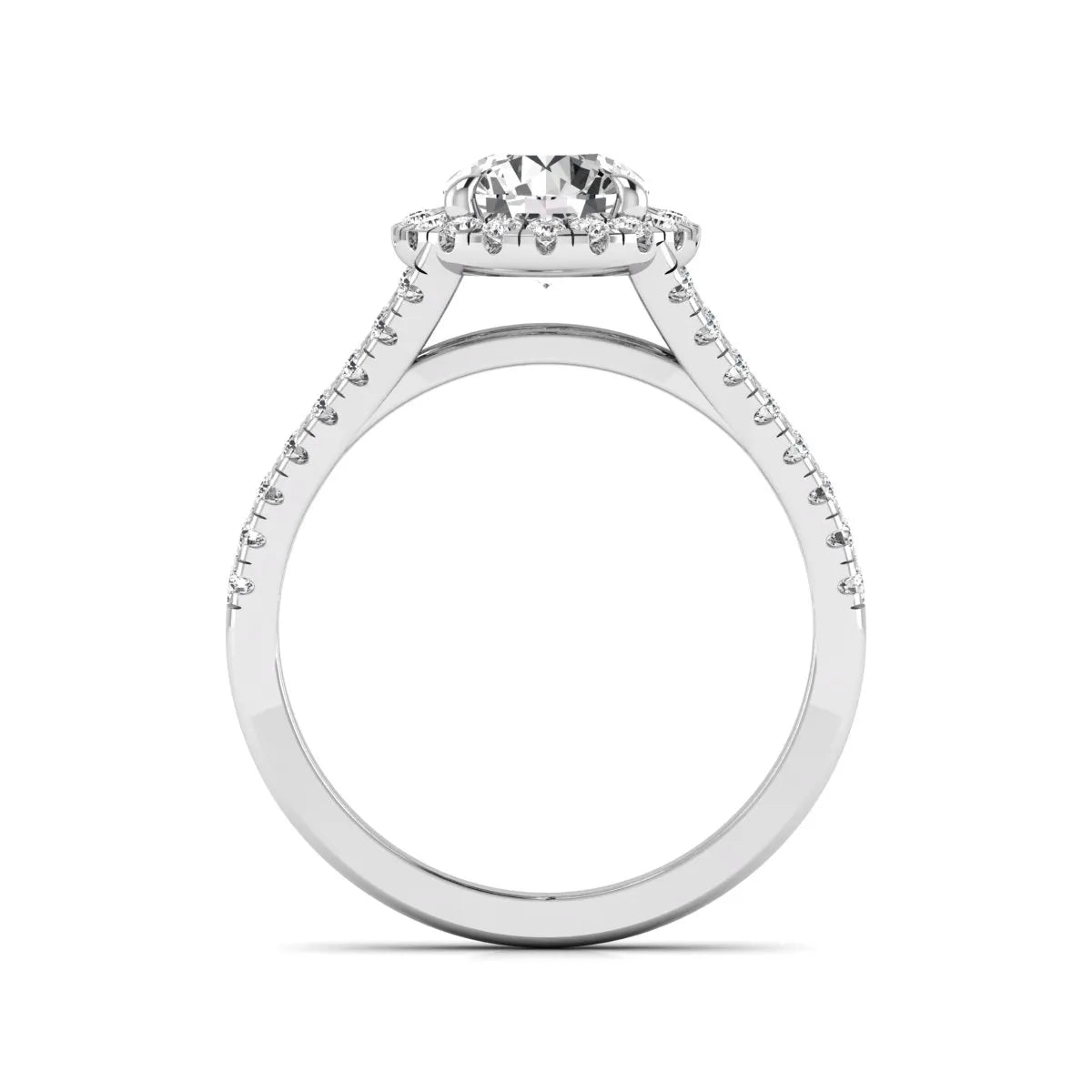 Round cut lab grown diamond halo engagement ring with pavé split shank and round accent diamonds in a white gold tone design.