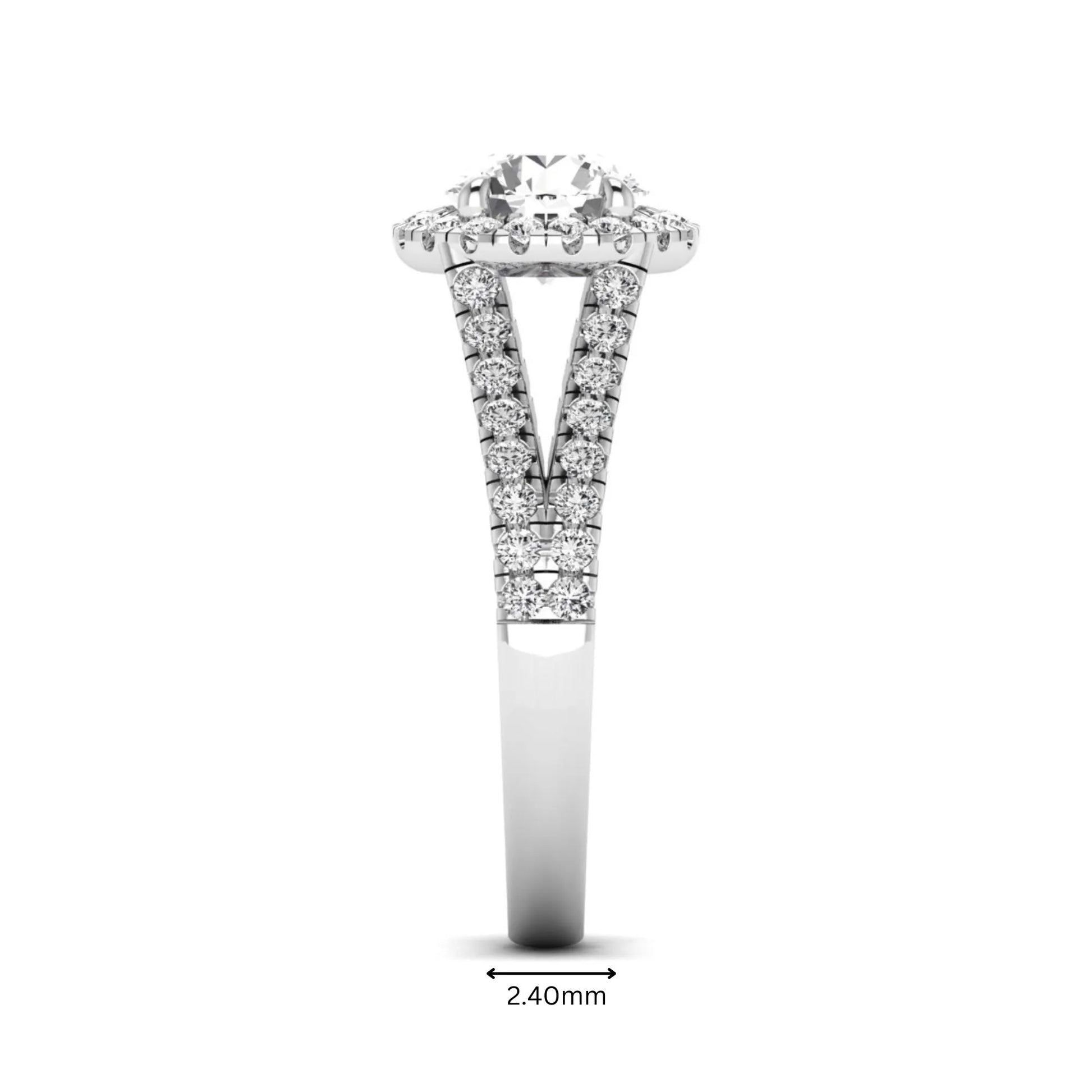 Round cut lab grown diamond halo engagement ring with pavé split shank and round accent diamonds in a white gold tone design.