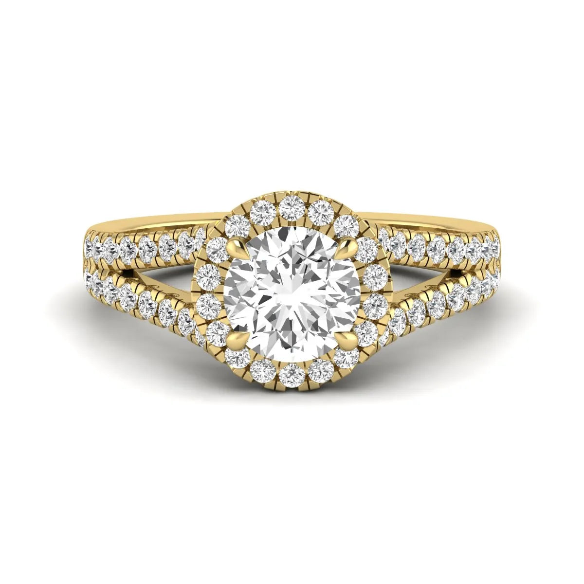Round cut lab grown diamond halo engagement ring with pavé split shank and round accent diamonds in a yellow gold tone design.