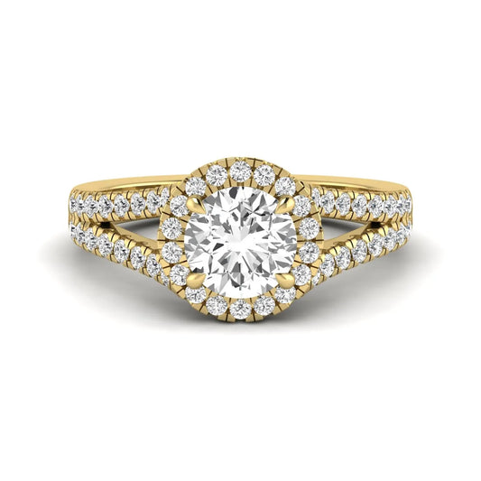 Round cut lab grown diamond halo engagement ring with pavé split shank and round accent diamonds in a yellow gold tone design.