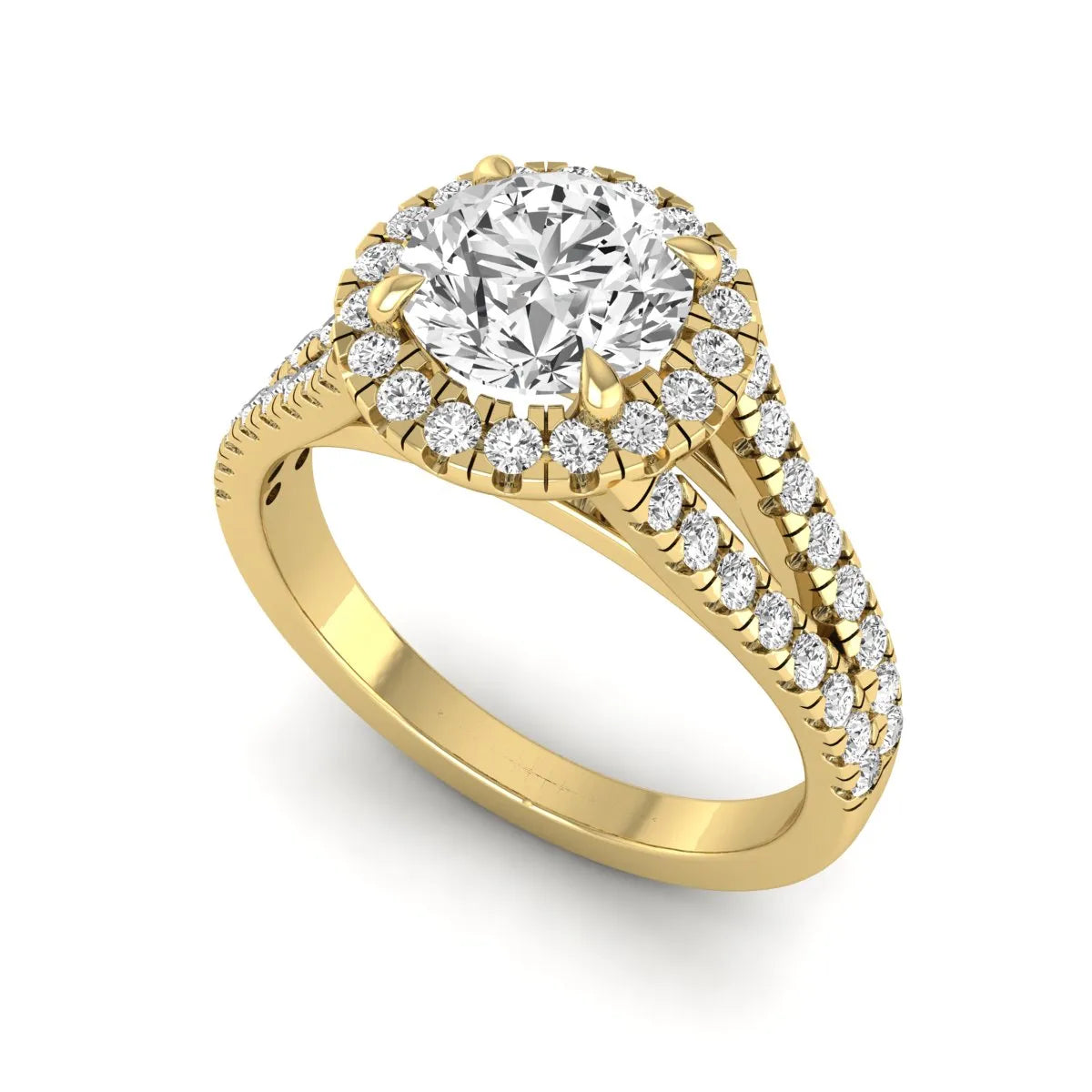 Round cut lab grown diamond halo engagement ring with pavé split shank and round accent diamonds in a yellow gold tone design.