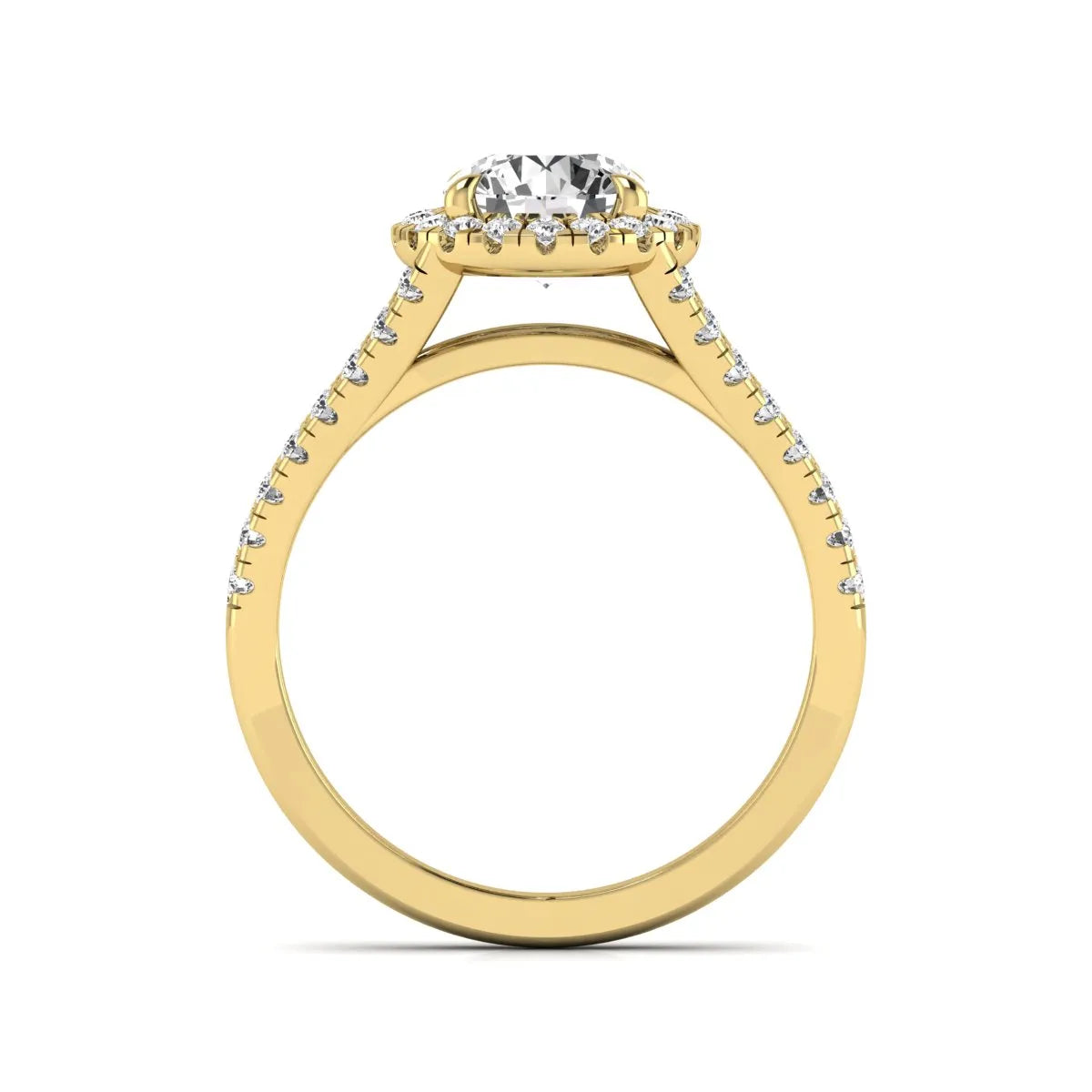 Round cut lab grown diamond halo engagement ring with pavé split shank and round accent diamonds in a yellow gold tone design.