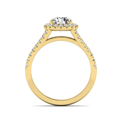 Round cut lab grown diamond halo engagement ring with pavé split shank and round accent diamonds in a yellow gold tone design.