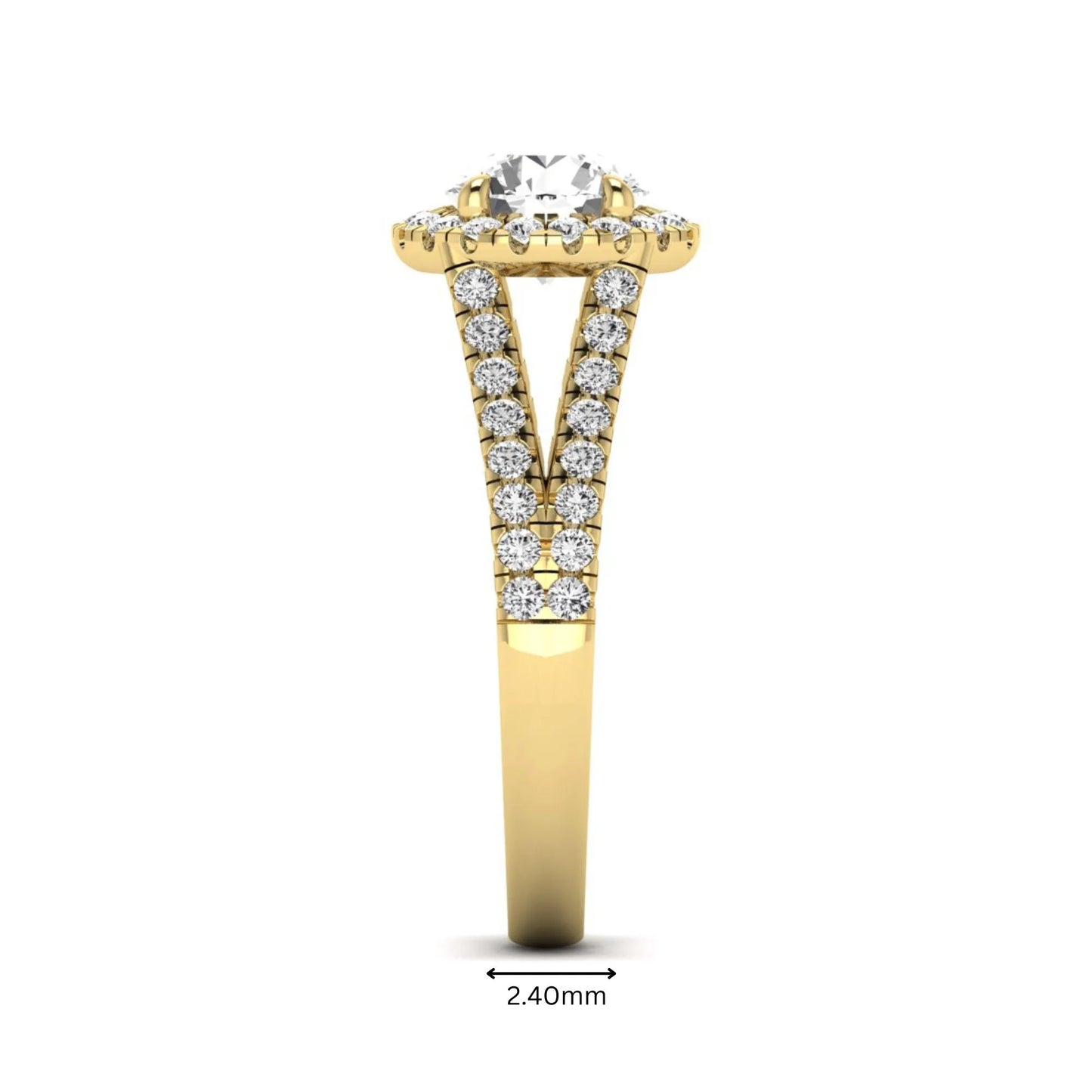 Round cut lab grown diamond halo engagement ring with pavé split shank and round accent diamonds in a yellow gold tone design.